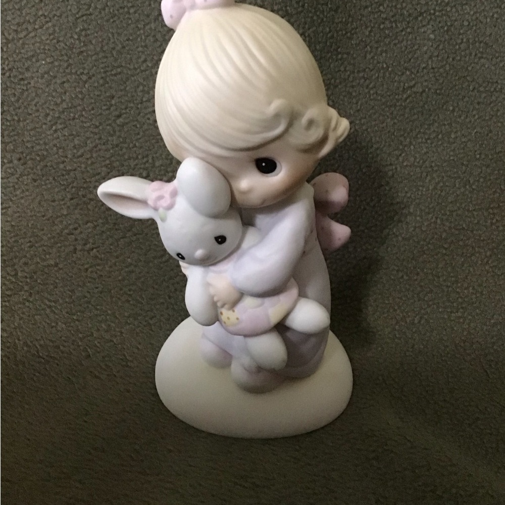 Precious Moments Cream and Pink Figurine with Bunny. Jesus Loves Me